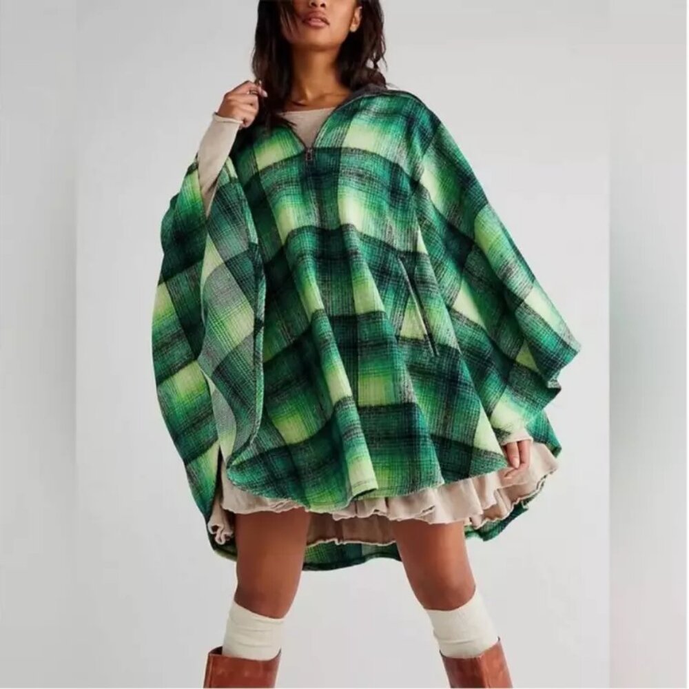Free People Poncho Woodstock Brushed Green Plaid Kelly Combo One Size NWOT